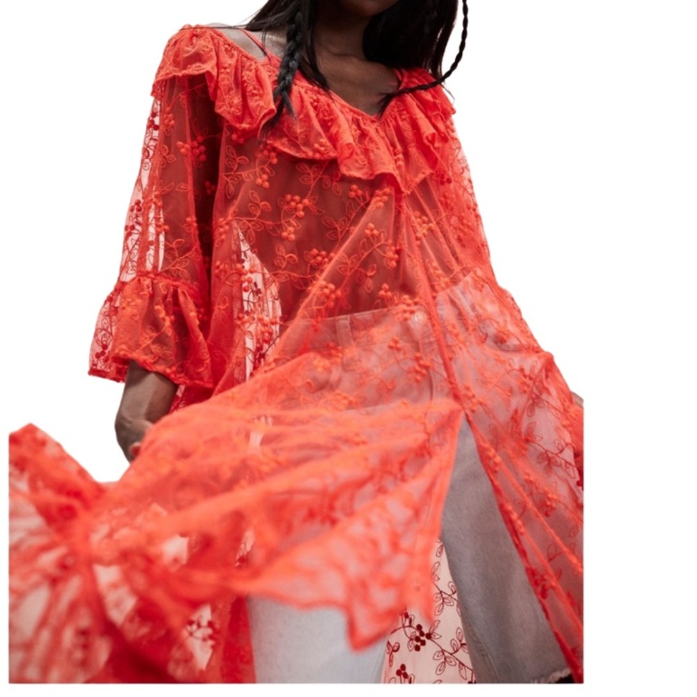 FREE PEOPLE ROMANTIC BLOOM LACE RUFFLED KAFTAN MEDIUM LARGE